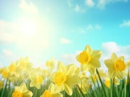 yellow daffodils with blue sky and sunlight. photo