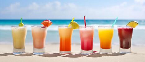 set of fresh cocktail on tropical beach background. photo