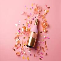 Golden champagne bottle with confetti stars and party streamers. photo