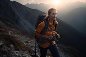 un niña excursionismo en montaña. ai generativo foto