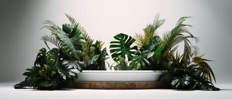 Tropical plant backdrop with a podium in the center. photo