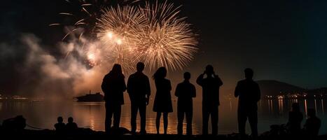 silueta de personas mirando a Fuegos artificiales. ai generativo foto