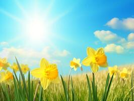 yellow daffodils with blue sky and sunlight. photo