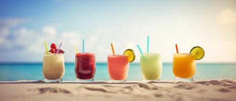 set of fresh cocktail on tropical beach background. photo