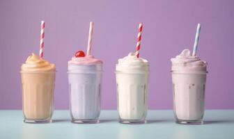 Assortment of milkshake on pastel background. photo
