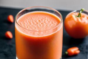 Zanahoria jugo en un vaso con Fresco zanahorias en un oscuro antecedentes. cerca arriba. sano comida concepto. generativo ai foto