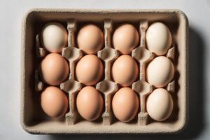 Eggs in a tray on a white background, top view. photo