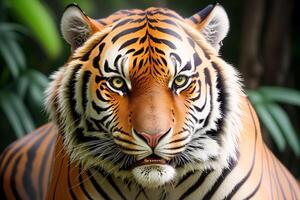 Portrait of a tiger on a nature background. Close-up. Animal in nature. Wildlife scene. photo