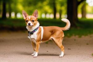 Cute Chihuahua puppy on a walk in the park. photo