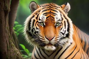 Portrait of a tiger on a nature background. Close-up. Animal in nature. Wildlife scene. photo