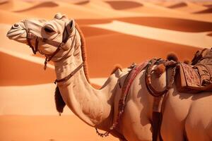 camello en el desierto. África. selectivo enfocar. animal en naturaleza. fauna silvestre escena. generativo ai foto
