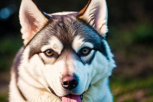 Portrait of a beautiful Alaskan husky dog in the park. Siberian Husky dog with blue eyes in winter forest. photo