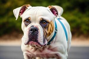 retrato de un hermosa perro raza Inglés buldog. un hermosa americano buldog perro en el parque. generativo ai foto