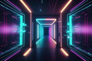 Abstract neon lights into digital technology tunnel. Futuristic technology abstract background with lines for network, big data, data center, server, internet, speed. technology photo
