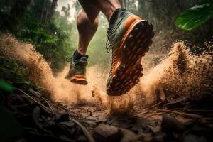 de cerca a el corredor pies es corriendo en el suciedad ruta a el selva, calle y la carretera. sendero corriendo deporte acción y humano desafío concepto. generativo ai foto