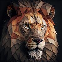 generativo ai ilustración de creativo de león hecho de vistoso geométrico formas en antecedentes. líder, coraje, fuerte y corajudo, majestuoso león foto