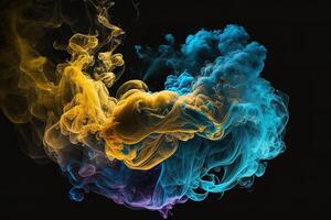 a colorful smoke cloud is shown in this image, it looks like it is floating in the air and is very dark and blue and yellow, with a black background. photo