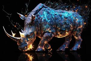 fusion of metal Rhino exploding through fire surrounded by scattered glass shards and debris, cosmic energy photo