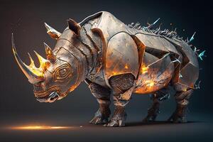 fusion of metal Rhino exploding through fire surrounded by scattered glass shards and debris, cosmic energy photo