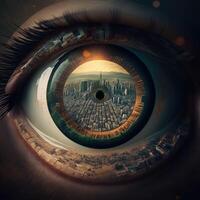 A photograph of a city from above inside the pupil of an eye realistic. Close-up Eye with a modern futuristic city inside it. Look for future. keep moving forward concept. photo