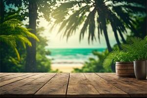 Tropical background with a wooden table on the forefront and lush vegetation with lots of copy space, perfect for editing with your product. Empty ready for your product display. photo