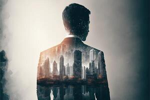 The double exposure image of the business man standing back overlay with cityscape image. The concept of modern life, business, city life and internet of things. photo