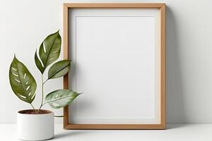 Blank picture frame mockup on wall in modern interior. Artwork template mock up in interior design. Wooden Picture Frame Mockup on White Wall Minimalist - photo