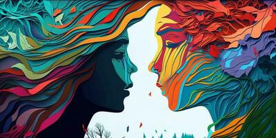Generation AI abstract colorful vibrant colors male and female look together with landscape background. Concept of love photo