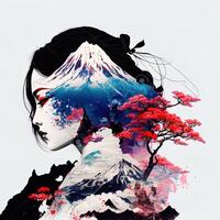 double exposure of a gorgeous geisha and Mount Fuji with peach flower and river. Beautiful face of Asian woman on white background, image combined with nature, green mountains landscape photo