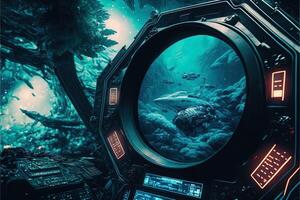Futuristic navigation system, AR space, floating in the space, flat design, information graphic. Sci-fi space exploration concept. Inside view of the sci-fi cabin of the pilot . photo