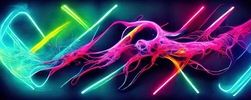 illustration of gaming background abstract, cyberpunk style of gamer wallpaper, neon glow light of sci-fi. Glowing iridescent neon lights for both light and dark backgrounds. photo