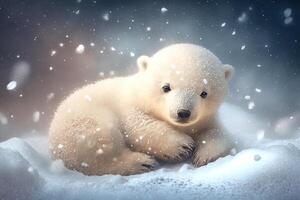 linda polar oso bebé dibujos animados de ensueño en nieve, invierno, generativo ai. animal y paisaje concepto. foto