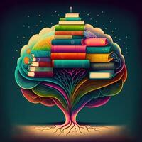 This whimsical image shows a brain with a library inside, its neurons and synapses lit up in a rainbow of joyful colors. A stack of books on a shelf indicates knowledge and learning, photo
