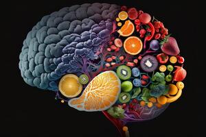 Human brain made of fruits and vegetables created using technology. Concept of nutritious foods for brain health and memory. Illustration Healthy brain food to boost brainpower nutrition photo