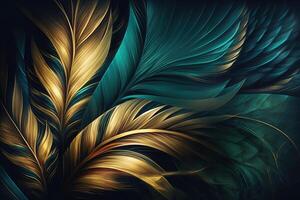 Abstract background with feather pattern, gradients and texture, digital painting in blue, green and gold, red, teal, orange colors, created with photo