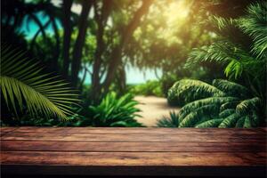 Tropical background with a wooden table on the forefront and lush vegetation with lots of copy space, perfect for editing with your product. Empty ready for your product display. photo