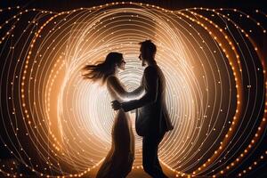 silueta Pareja bailes en frente de un pared de luces, ejemplificando el energía y pasión en su relación, generativo ai, enamorado concepto. foto