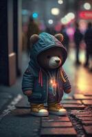 toy cute Bear in clothes jacket and sneakers on street background with neon lighting, photo