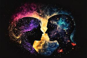 Man and woman silhouettes at abstract cosmic background. Human souls couple in love. Astral body, esoteric and spiritual life concept photo