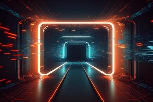 Abstract neon lights into digital technology tunnel. Futuristic technology abstract background with lines for network, big data, data center, server, internet, speed. technology photo