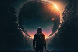 Cyberpunk planet, solar system-punk, the entire universe is collapsing in on itself. Human in the ruined city, destroyed earth, digital painting. Concept apocalypse. Black hole in space photo
