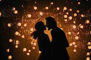 silueta Pareja bailes en frente de un pared de luces, ejemplificando el energía y pasión en su relación, generativo ai, enamorado concepto. foto