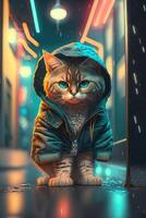 toy cute cat in clothes jacket and sneakers on street background with neon lighting, photo