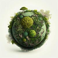 a green mini planet earth, Illustration of planet Earth with a giant tree. Energy saving, ecology and environment sustainable resources conservation concept. photo