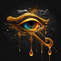 generativo ai el dorado ojo de horus con dorado efecto en negro fondo, representación de el solar ojo o el ojo de real academia de bellas artes, símbolo de el antiguo egipcio Dios de el Dom foto