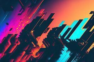 Abstract background with interlaced digital glitch and distortion effect. Futuristic cyberpunk design. Retro futurism, web punk, rave 80s 90s cyberpunk aesthetic techno neon colors. photo