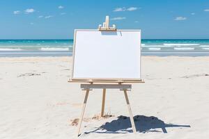 White blank artist frame on a small wooden easel on summer sea beach background with copy space. Advertising mockup artboard for pictures or artwork. Painting frame template banner. photo