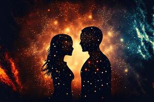 Man and woman silhouettes at abstract cosmic background. Human souls couple in love. Astral body, esoteric and spiritual life concept photo