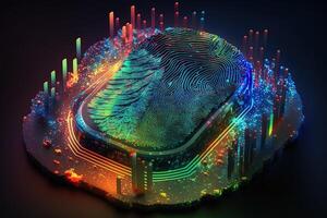 Photo of Holographic Fingerprint Security in the Digital Age, Protecting Big Data with AI Technology . Fingerprint integrated in a printed circuit, releasing binary codes.