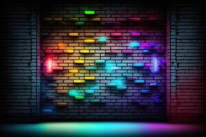 Modern futuristic blank brick wall background with neon lights. old grunge brick wall room background. Colorful copy space concept. photo